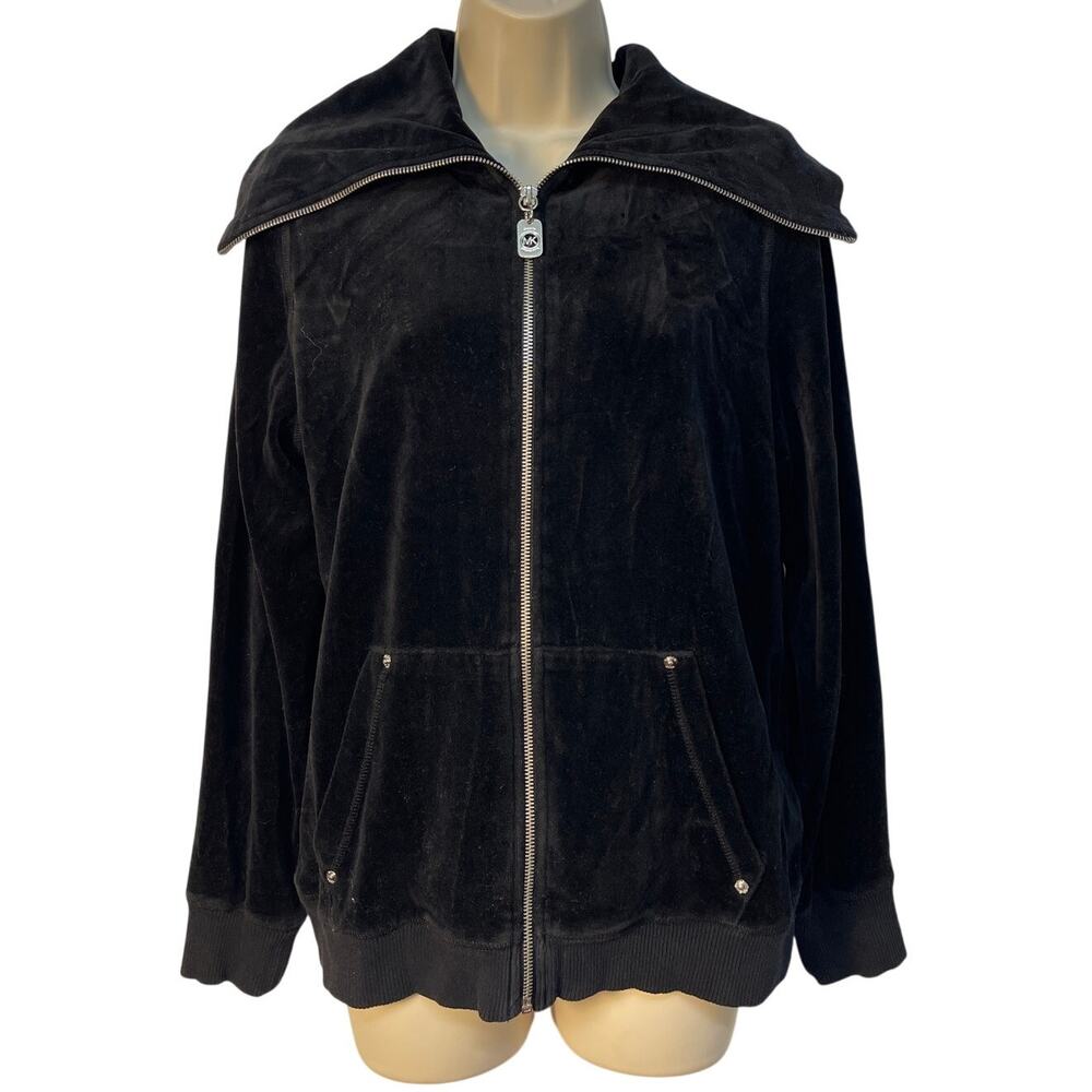 Michael Kors Womens Black Velour Zip Up Hoodie Jacket‎ Funnel Neck Size L